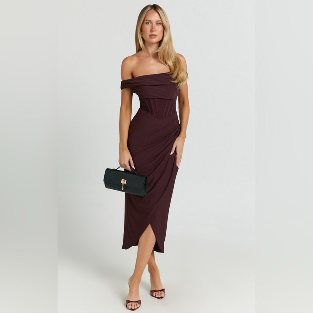 Showpo Aidia Midi Dress Off Shoulder Draped Corset Dress - Burgundy